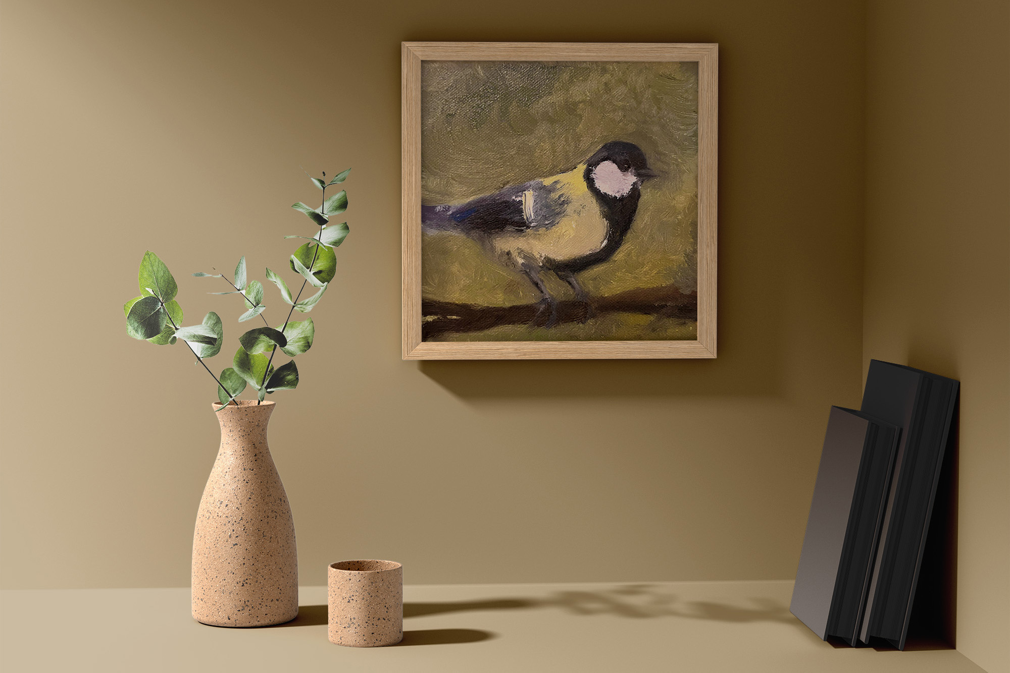 Peinture à l'huile représentant une mésange